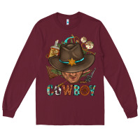 Burgundy Western Cowboy Portrait With Cactus Long Sleeve Tee - BundleAndBundleShop