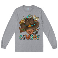 Heather Grey Western Cowboy Portrait With Cactus Long Sleeve Tee - BundleAndBundleShop