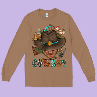 Western Cowboy Portrait With Cactus Long Sleeve Tee Designed By Bundleandbundleshop