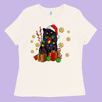 Black Cat Meowy Christmas Ladies Tee Designed By Adodesignshop