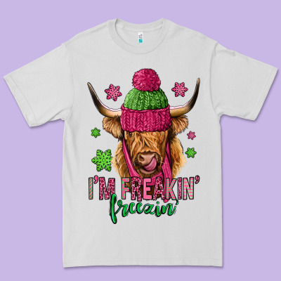 I'm Freakin Freezin Pink Christmas Long Haired Cow Premium Tee Designed By Jasminsmagicworld
