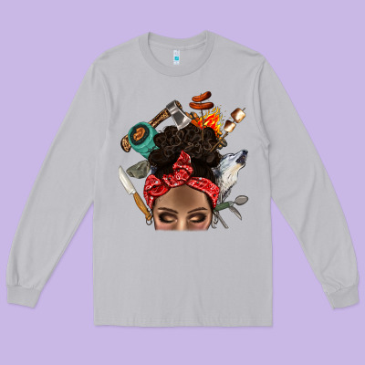 Wild Camping Afro Messy Bbs Long Sleeve Tee Designed By Bundleandbundleshop