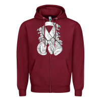 Burgundy Lung Cancer white ribbon with boxing gloves Zipper Hoodie - NancyCooperArtShop
