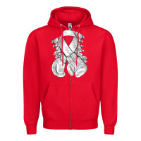 Red Lung Cancer white ribbon with boxing gloves Zipper Hoodie - NancyCooperArtShop
