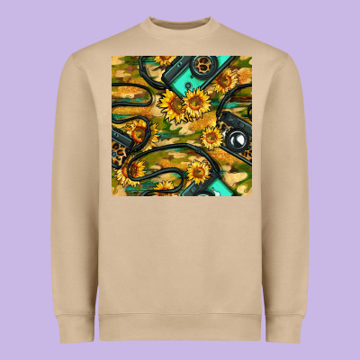 Leopard Digital Camera And Sunflowers With Camouflage Seamless Pattern Heavyweight Sweatshirt Designed By Bundleandbundleshop
