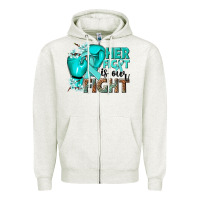 Oatmeal Heather Her fight is our fight Ovarian Cancer teal ribbon Zipper Hoodie - NancyCooperArtShop