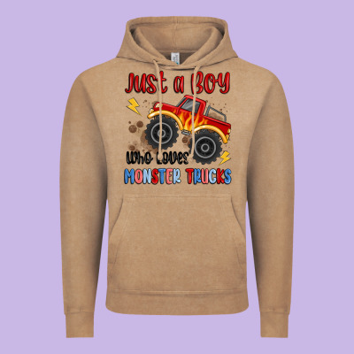 Just A Boy Who Loves Monster Trucks Vintage Hoodie Designed By Maliassmallbusiness