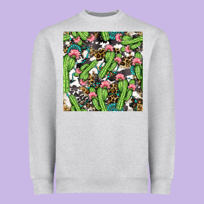Western Cactus And Turquoise Gemstone With Leopard And Cowhide Seamles Heavyweight Sweatshirt Designed By Bundleandbundleshop