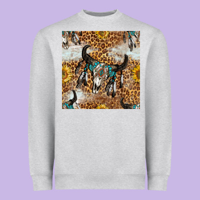 Western Bull Skull And Sunflowers With Leopard Seamless Pattern Heavyweight Sweatshirt Designed By Bundleandbundleshop