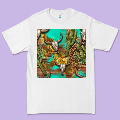 Western Bull Skull And Cactus Seamless Pattern Premium Tee Designed By Bundleandbundleshop