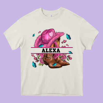 Pink Costom Name Cowgirl Hat And Roses Heavy Core Tee Designed By Adodesignshop