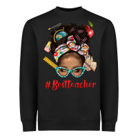 Black Afro Messy Bun Best Teacher With Leopard Glasses Bbs Heavyweight Sweatshirt - BundleAndBundleShop