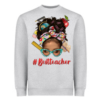 Heather Grey Afro Messy Bun Best Teacher With Leopard Glasses Bbs Heavyweight Sweatshirt - BundleAndBundleShop