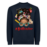Navy Afro Messy Bun Best Teacher With Leopard Glasses Bbs Heavyweight Sweatshirt - BundleAndBundleShop
