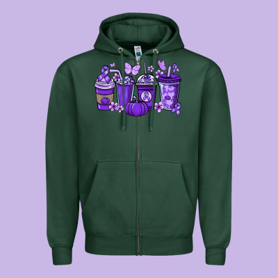 Cancer Coffee Cups Purple Ribbon Zipper Hoodie Designed By Nancycooperartshop