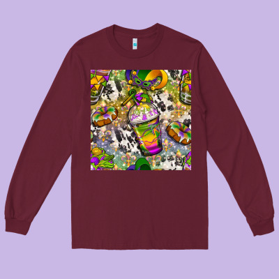 Mardi Gras Coffee Cups And Donut With Cowhide Long Sleeve Tee Designed By Bundleandbundleshop