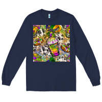 Navy Mardi Gras coffee cups and donut with cowhide Long Sleeve Tee - BundleAndBundleShop