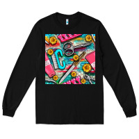 Black nail art tools and hand cream with serape and turquoise glitter seamle Long Sleeve Tee - BundleAndBundleShop