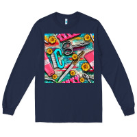 Navy nail art tools and hand cream with serape and turquoise glitter seamle Long Sleeve Tee - BundleAndBundleShop