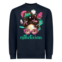 Navy Esthetician Messy Bun With Pink Leopard Glasses Bbs Heavyweight Sweatshirt - BundleAndBundleShop