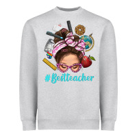 Heather Grey Best Teacher Messy Bun Bbs Heavyweight Sweatshirt - BundleAndBundleShop