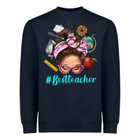 Navy Best Teacher Messy Bun Bbs Heavyweight Sweatshirt - BundleAndBundleShop