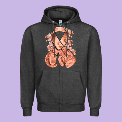Uterine Cancer Peach Ribbon With Boxing Gloves Zipper Hoodie Designed By Nancycooperartshop