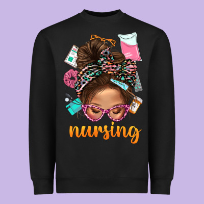 Messy Bun Nursing With Leopard Glasses Bbs Heavyweight Sweatshirt Designed By Bundleandbundleshop