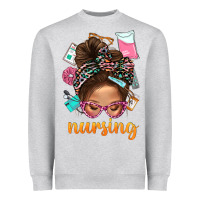 Heather Grey Messy Bun Nursing With Leopard Glasses Bbs Heavyweight Sweatshirt - BundleAndBundleShop