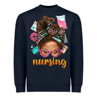 Navy Messy Bun Nursing With Leopard Glasses Bbs Heavyweight Sweatshirt - BundleAndBundleShop