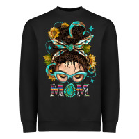 Black Western Messy Bun Mom With Sunflower Heavyweight Sweatshirt - BundleAndBundleShop