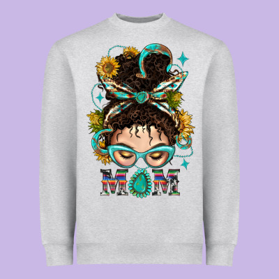 Western Messy Bun Mom With Sunflower Heavyweight Sweatshirt Designed By Bundleandbundleshop