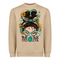 Mushroom Western Messy Bun Mom With Sunflower Heavyweight Sweatshirt - BundleAndBundleShop