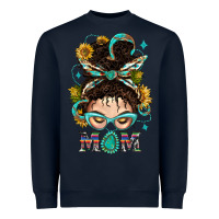 Navy Western Messy Bun Mom With Sunflower Heavyweight Sweatshirt - BundleAndBundleShop