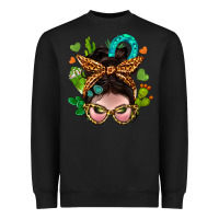 Black Western  Messy Bun With Cactus Heavyweight Sweatshirt - BundleAndBundleShop