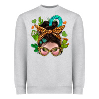 Heather Grey Western  Messy Bun With Cactus Heavyweight Sweatshirt - BundleAndBundleShop