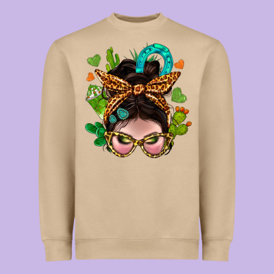 Western  Messy Bun With Cactus Heavyweight Sweatshirt Designed By Bundleandbundleshop