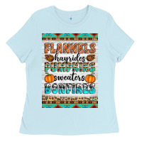 Baby Blue Flannels Hayrides Pumpkins Sweaters Bonfires Ladies Tee - Artiststas