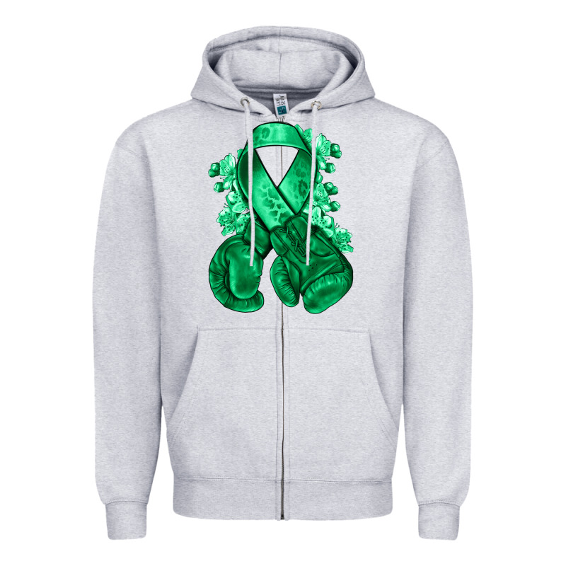 Emerald Green Ribbon Liver Cancer Boxing Gloves Zipper Hoodie by NancyCooperArtShop | Teevron