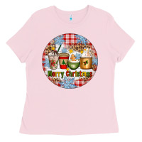 Bubblegum Pink Merry Christmas Coffee Cups Ladies Tee - Artiststas