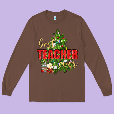 Best Teacher Ever With Christmas Tree Long Sleeve Tee Designed By Bundleandbundleshop