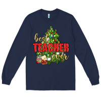 Navy Best Teacher Ever With Christmas Tree Long Sleeve Tee - BundleAndBundleShop