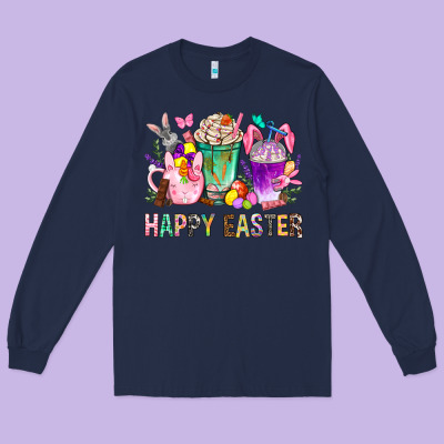 Happy Easter Coffee Cups With Bunny Long Sleeve Tee Designed By Bundleandbundleshop