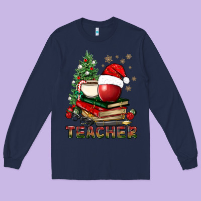 Teacher With Christmas Tree Long Sleeve Tee Designed By Bundleandbundleshop