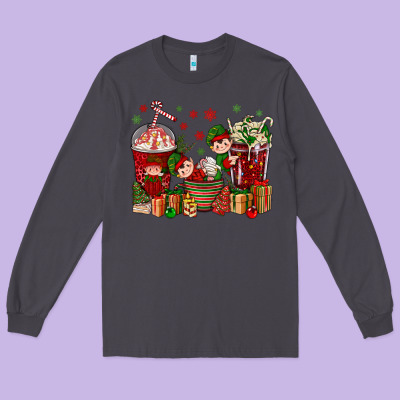 Elf Coffee Cups Christmas Long Sleeve Tee Designed By Bundleandbundleshop