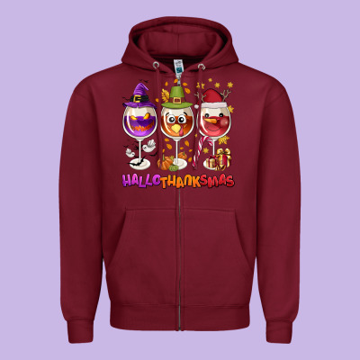 Hallothanksmas Wine Glasses Zipper Hoodie Designed By Nancycooperartshop