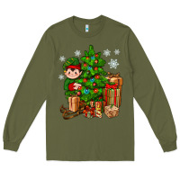 Army Green Christmas Elf With Gift Long Sleeve Tee - BundleAndBundleShop