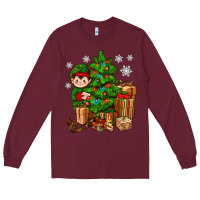 Burgundy Christmas Elf With Gift Long Sleeve Tee - BundleAndBundleShop