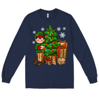 Navy Christmas Elf With Gift Long Sleeve Tee - BundleAndBundleShop