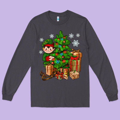 Christmas Elf With Gift Long Sleeve Tee Designed By Bundleandbundleshop